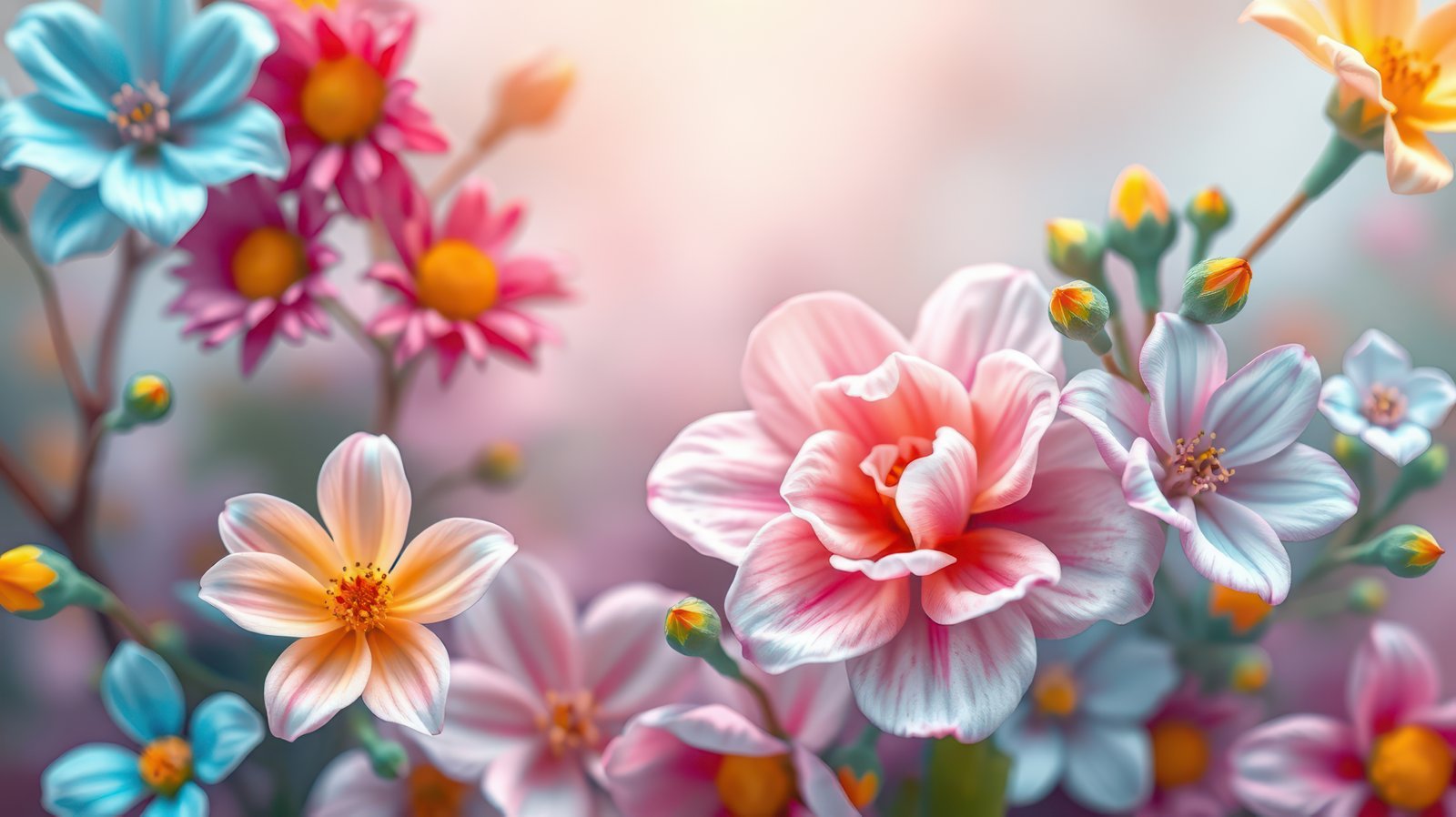 A vibrant bouquet of pink, blue, and orange flowers blooms in the warm light of a summer morning
